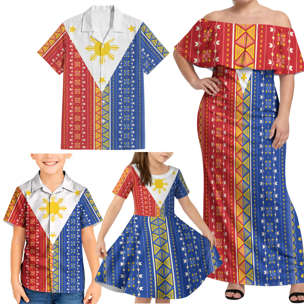 Philippines Sun Family Matching Off Shoulder Maxi Dress and Hawaiian Shirt Igorot Tribal Inspiration LT05 - Polynesian Pride
