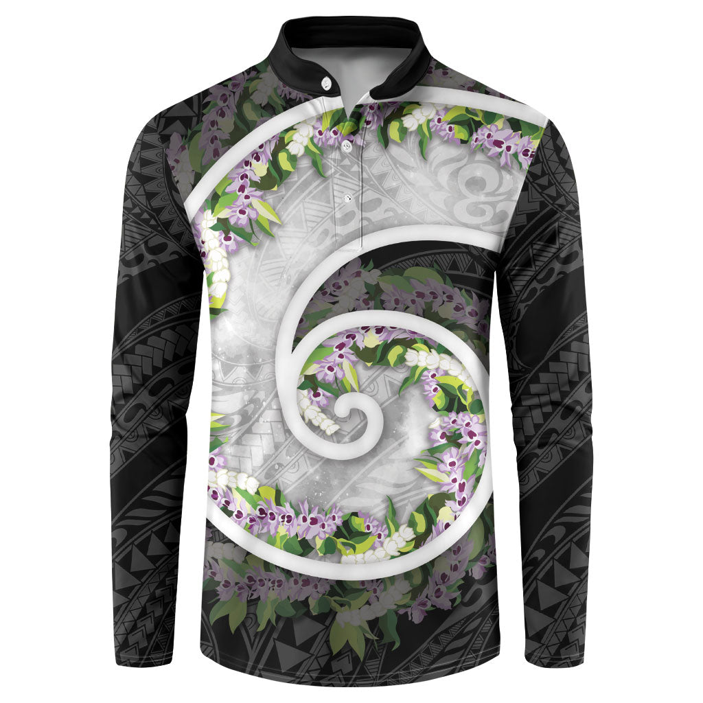 Piko Hawaii Button Sweatshirt Polynesian Pattern With Maile Pikake Honohono Lei LT05 Black - Polynesian Pride