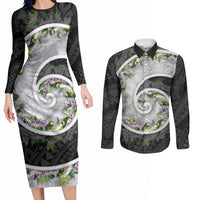 Piko Hawaii Couples Matching Long Sleeve Bodycon Dress and Long Sleeve Button Shirt Polynesian Pattern With Maile Pikake Honohono Lei LT05 Black - Polynesian Pride