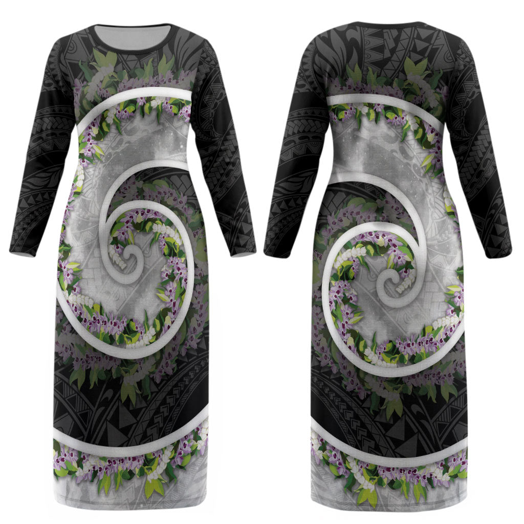 Piko Hawaii Couples Matching Long Sleeve Bodycon Dress and Long Sleeve Button Shirt Polynesian Pattern With Maile Pikake Honohono Lei LT05 - Polynesian Pride