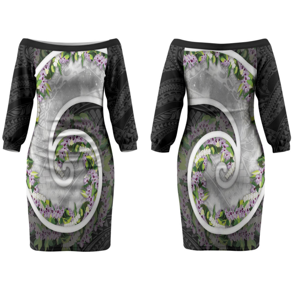 Piko Hawaii Couples Matching Off The Shoulder Long Sleeve Dress and Long Sleeve Button Shirt Polynesian Pattern With Maile Pikake Honohono Lei LT05 - Polynesian Pride