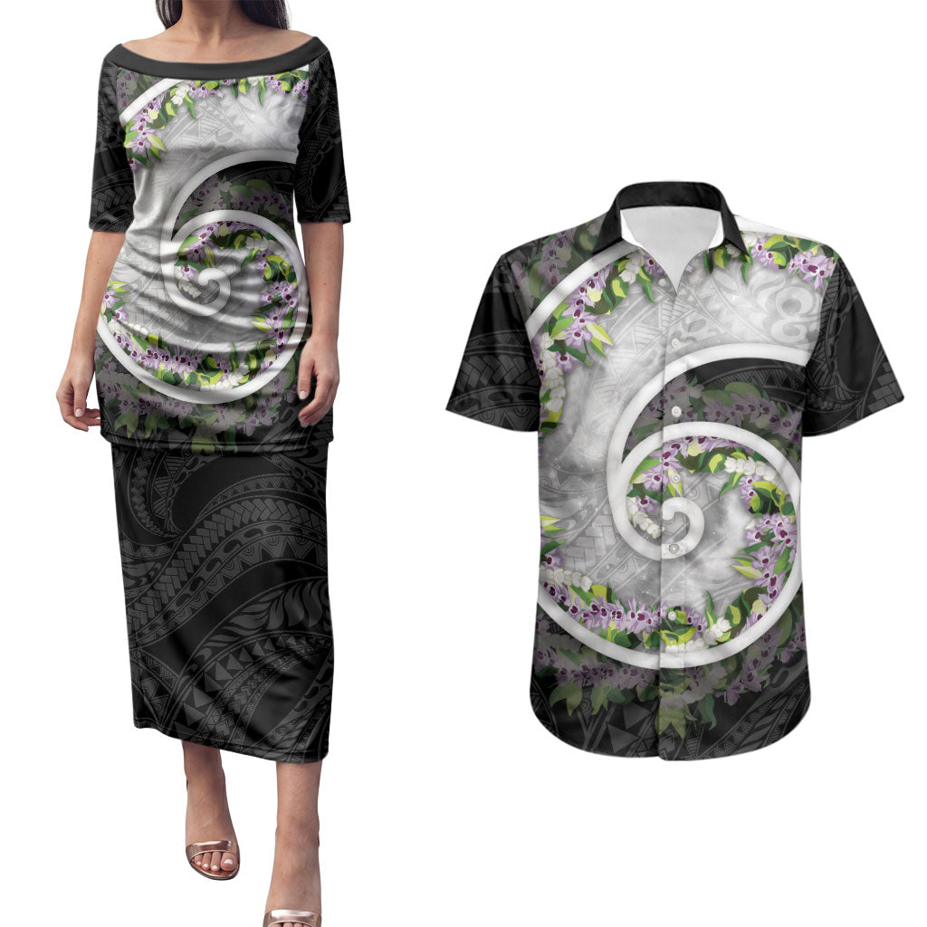 Piko Hawaii Couples Matching Puletasi and Hawaiian Shirt Polynesian Pattern With Maile Pikake Honohono Lei LT05 Black - Polynesian Pride