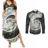 Piko Hawaii Couples Matching Summer Maxi Dress and Long Sleeve Button Shirt Polynesian Pattern With Maile Pikake Honohono Lei