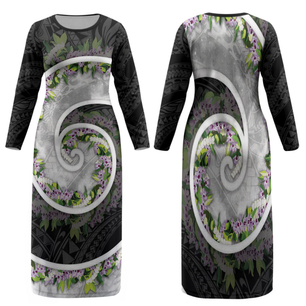 Piko Hawaii Family Matching Long Sleeve Bodycon Dress and Hawaiian Shirt Polynesian Pattern With Maile Pikake Honohono Lei