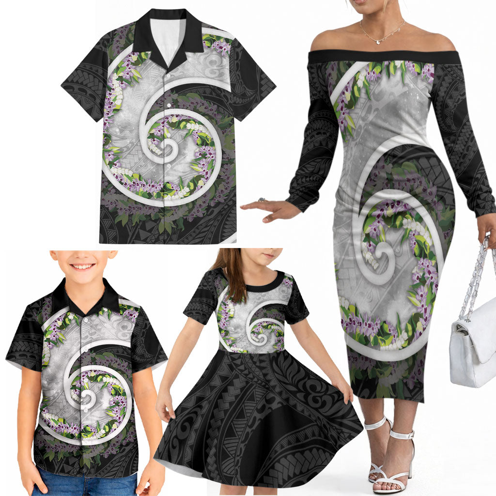 Piko Hawaii Family Matching Off The Shoulder Long Sleeve Dress and Hawaiian Shirt Polynesian Pattern With Maile Pikake Honohono Lei LT05 - Polynesian Pride