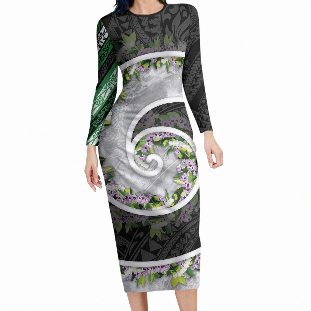 Piko Hawaii Long Sleeve Bodycon Dress Polynesian Pattern With Maile Pikake Honohono Lei