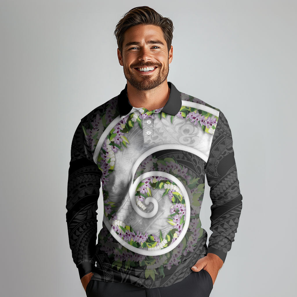 Piko Hawaii Long Sleeve Polo Shirt Polynesian Pattern With Maile Pikake Honohono Lei