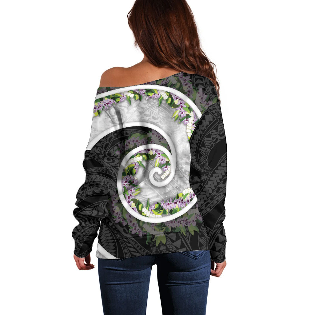 Piko Hawaii Off Shoulder Sweater Polynesian Pattern With Maile Pikake Honohono Lei LT05 - Polynesian Pride
