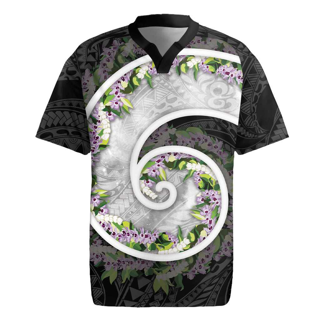 Piko Hawaii Rugby Jersey Polynesian Pattern With Maile Pikake Honohono Lei LT05 Black - Polynesian Pride