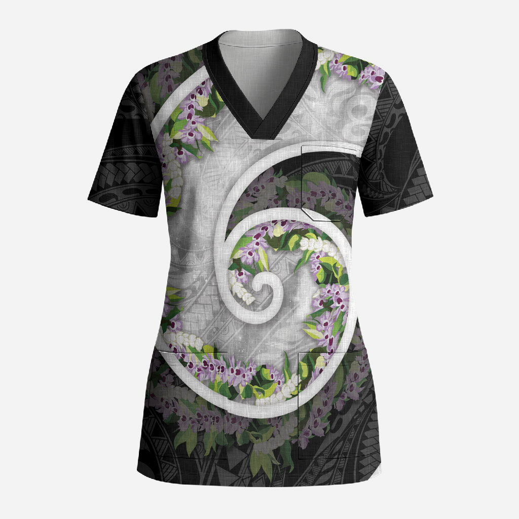 Piko Hawaii Scrub Top Polynesian Pattern With Maile Pikake Honohono Lei LT05 Adult Black - Polynesian Pride