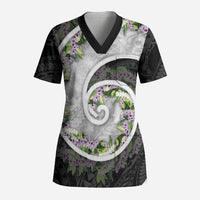 Piko Hawaii Scrub Top Polynesian Pattern With Maile Pikake Honohono Lei LT05 Adult Black - Polynesian Pride