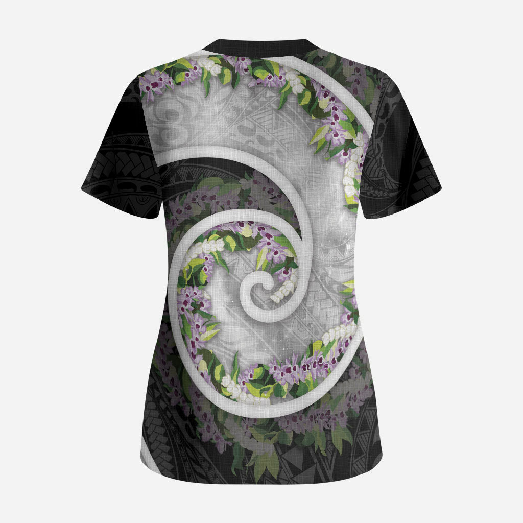Piko Hawaii Scrub Top Polynesian Pattern With Maile Pikake Honohono Lei LT05 - Polynesian Pride