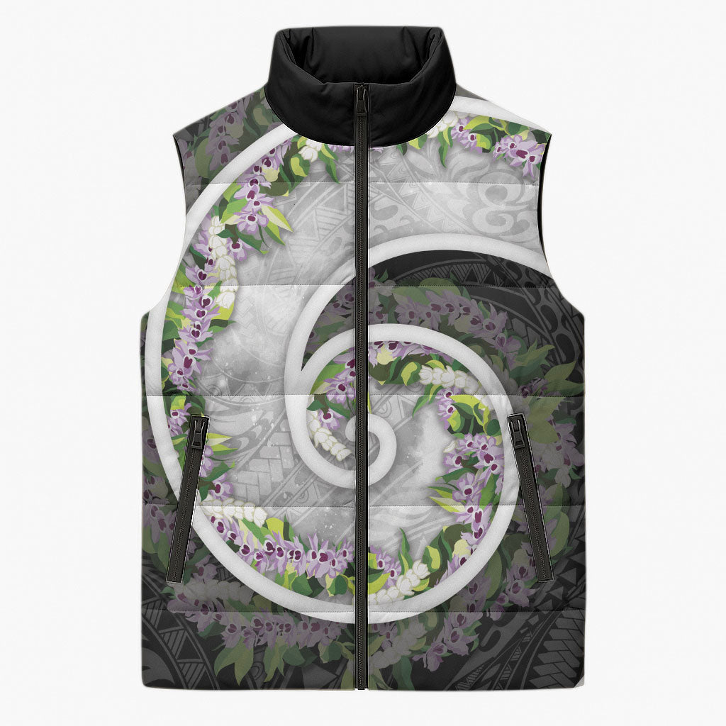 Piko Hawaii Sleeveless Puffer Jacket Polynesian Pattern With Maile Pikake Honohono Lei LT05 Unisex Black - Polynesian Pride