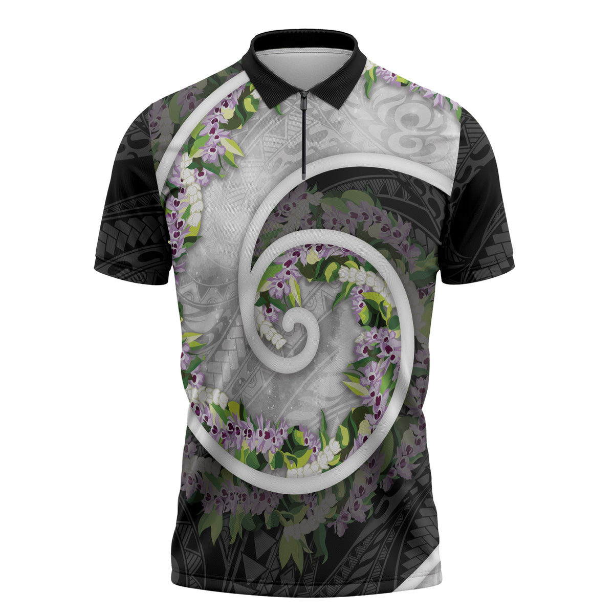 Piko Hawaii Zipper Polo Shirt Polynesian Pattern With Maile Pikake Honohono Lei