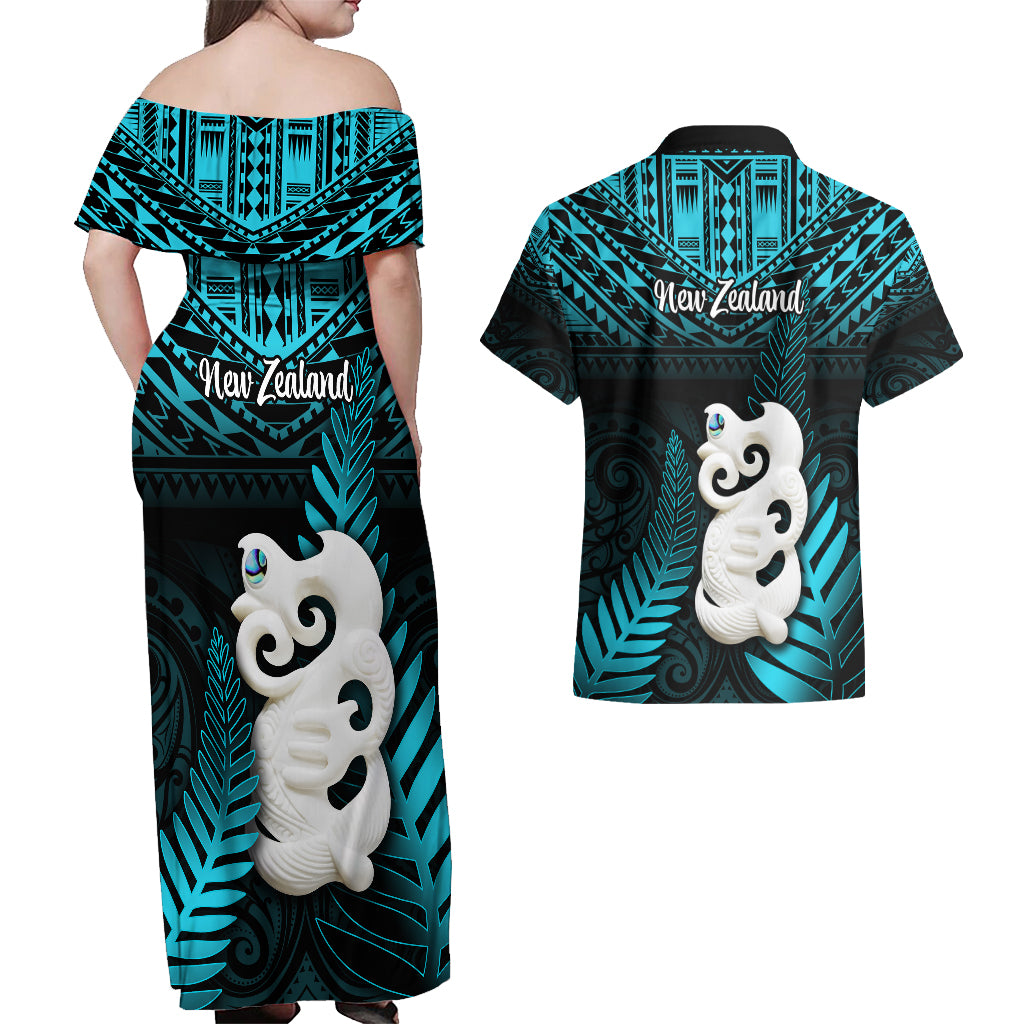 New Zealand Couples Matching Off Shoulder Maxi Dress and Hawaiian Shirt Manaia Maori Pattern With Turquoise Fern LT05 - Polynesian Pride