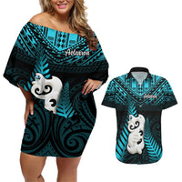 New Zealand Couples Matching Off Shoulder Short Dress and Hawaiian Shirt Manaia Maori Pattern With Turquoise Fern LT05 Turquoise - Polynesian Pride