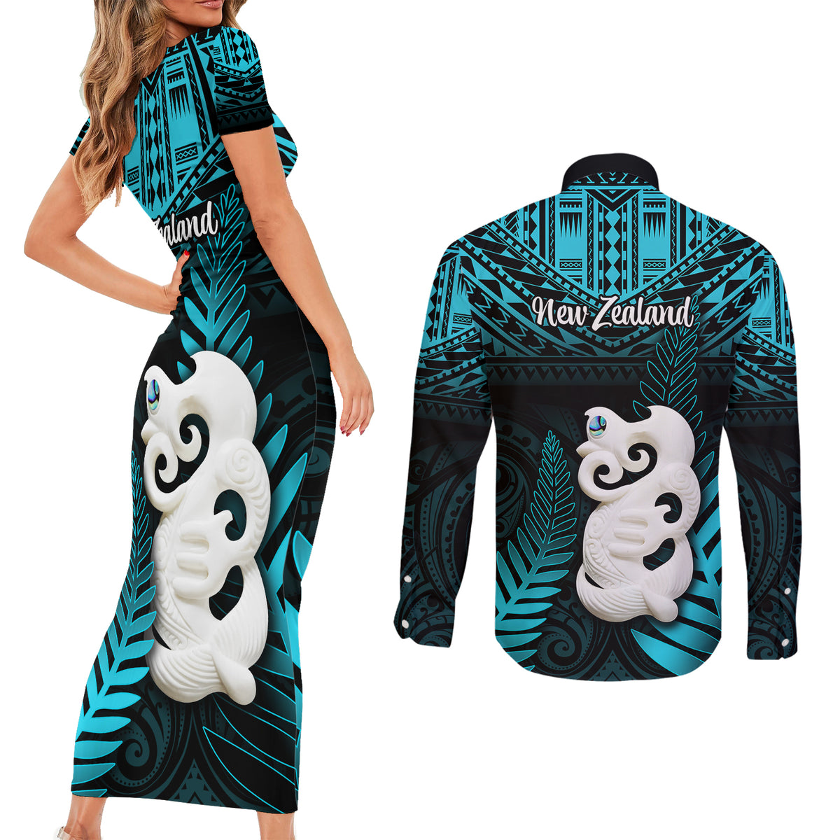 New Zealand Couples Matching Short Sleeve Bodycon Dress and Long Sleeve Button Shirts Manaia Maori Pattern With Turquoise Fern LT05 - Polynesian Pride