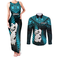 New Zealand Couples Matching Tank Maxi Dress and Long Sleeve Button Shirts Manaia Maori Pattern With Turquoise Fern LT05 Turquoise - Polynesian Pride