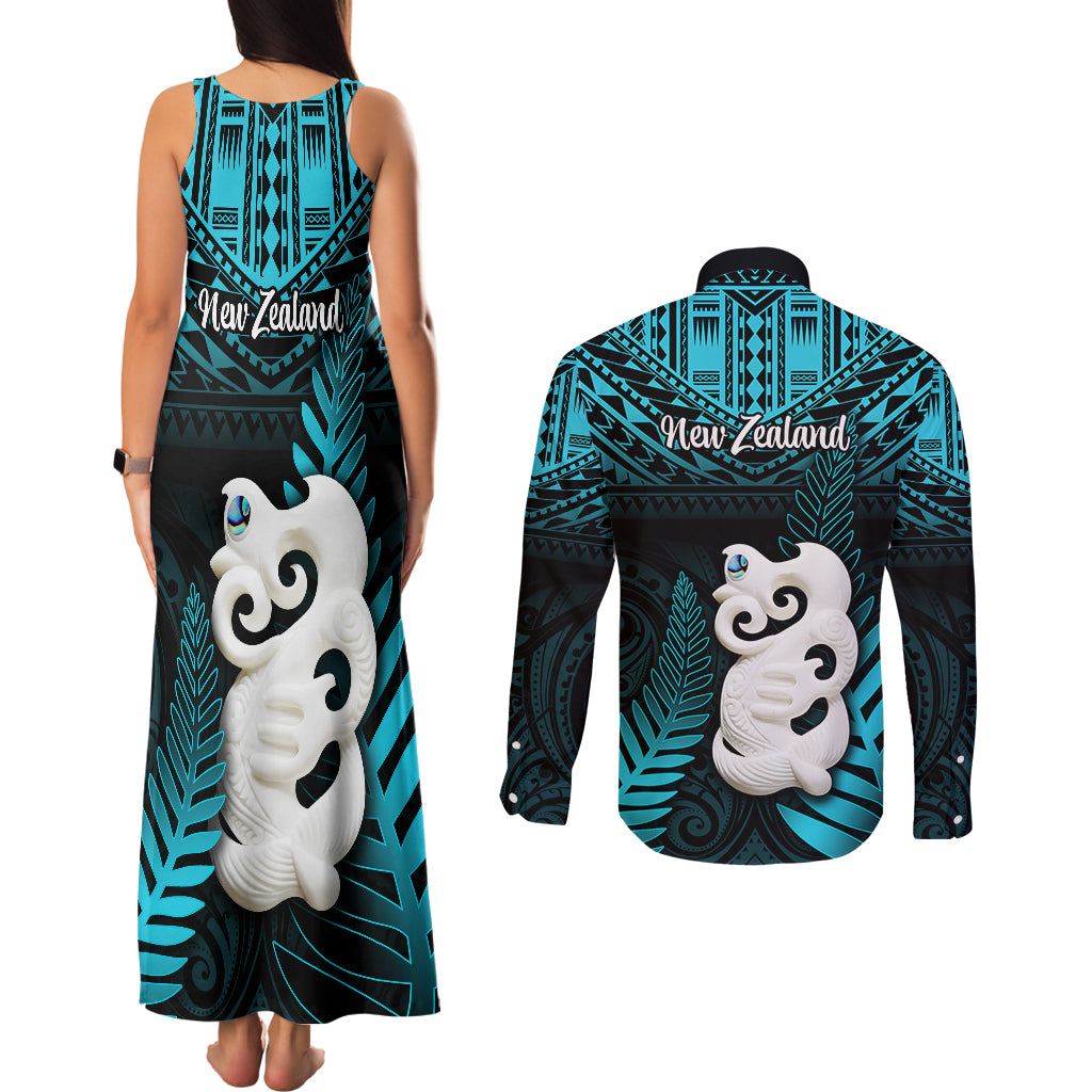 New Zealand Couples Matching Tank Maxi Dress and Long Sleeve Button Shirts Manaia Maori Pattern With Turquoise Fern LT05 - Polynesian Pride