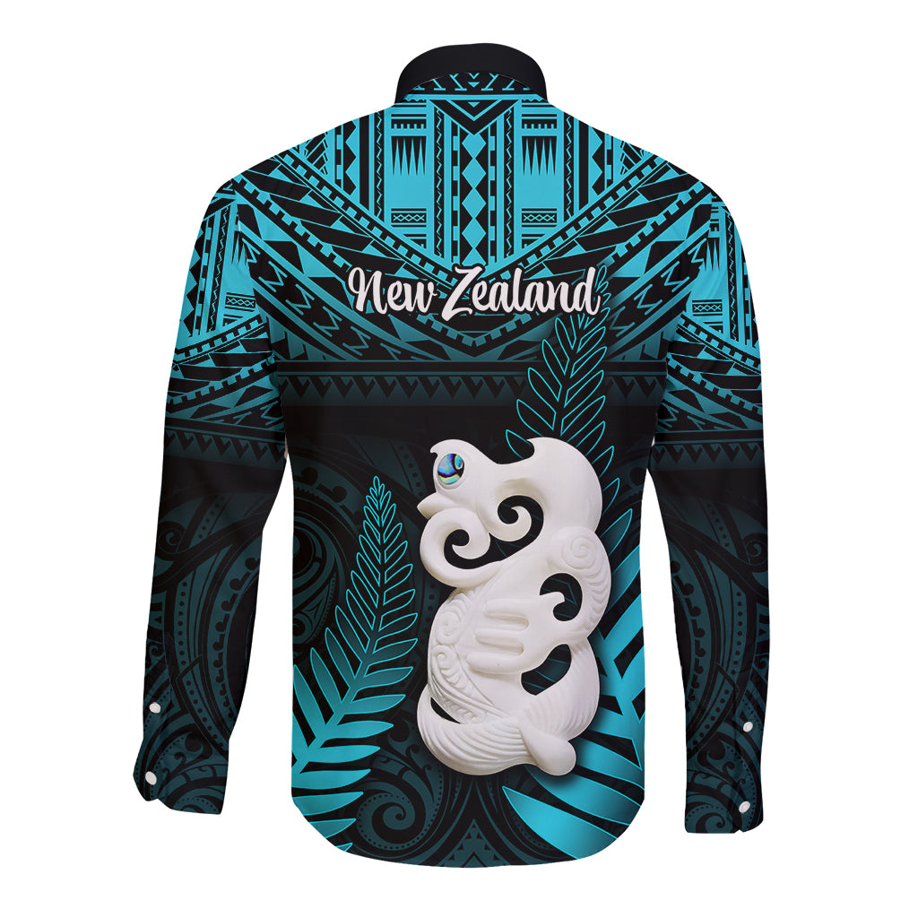 New Zealand Long Sleeve Button Shirt Manaia Maori Pattern With Turquoise Fern LT05 - Polynesian Pride