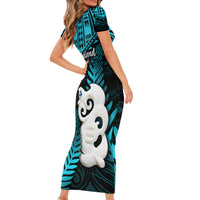 New Zealand Short Sleeve Bodycon Dress Manaia Maori Pattern With Turquoise Fern LT05 - Polynesian Pride