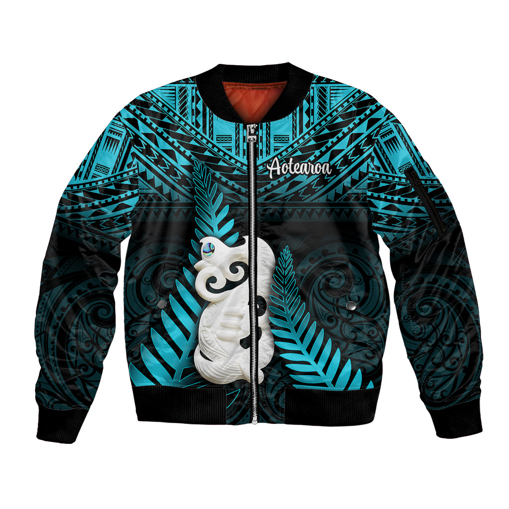 New Zealand Sleeve Zip Bomber Jacket Manaia Maori Pattern With Turquoise Fern LT05 Unisex Turquoise - Polynesian Pride
