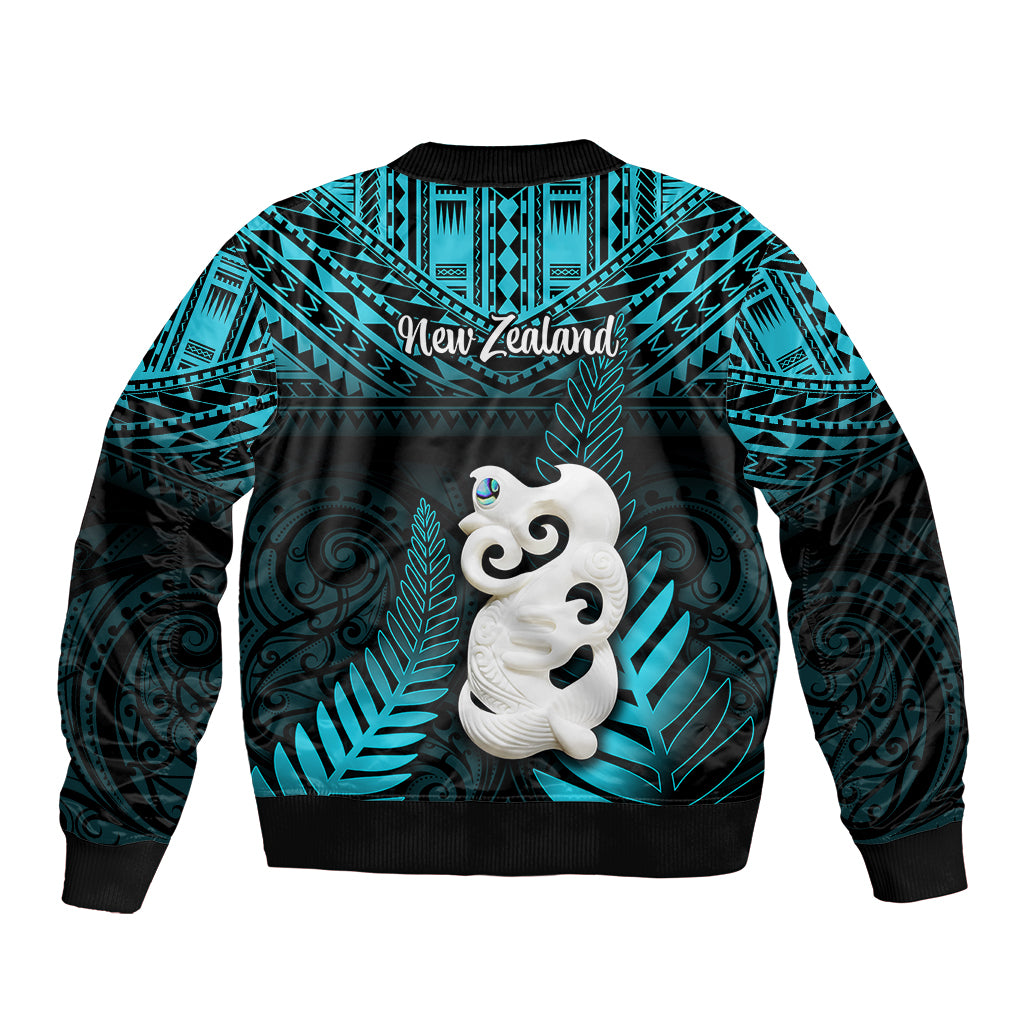 New Zealand Sleeve Zip Bomber Jacket Manaia Maori Pattern With Turquoise Fern LT05 - Polynesian Pride