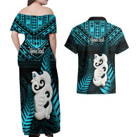 Personalized New Zealand Couples Matching Off Shoulder Maxi Dress and Hawaiian Shirt Manaia Maori Pattern With Turquoise Fern LT05 - Polynesian Pride