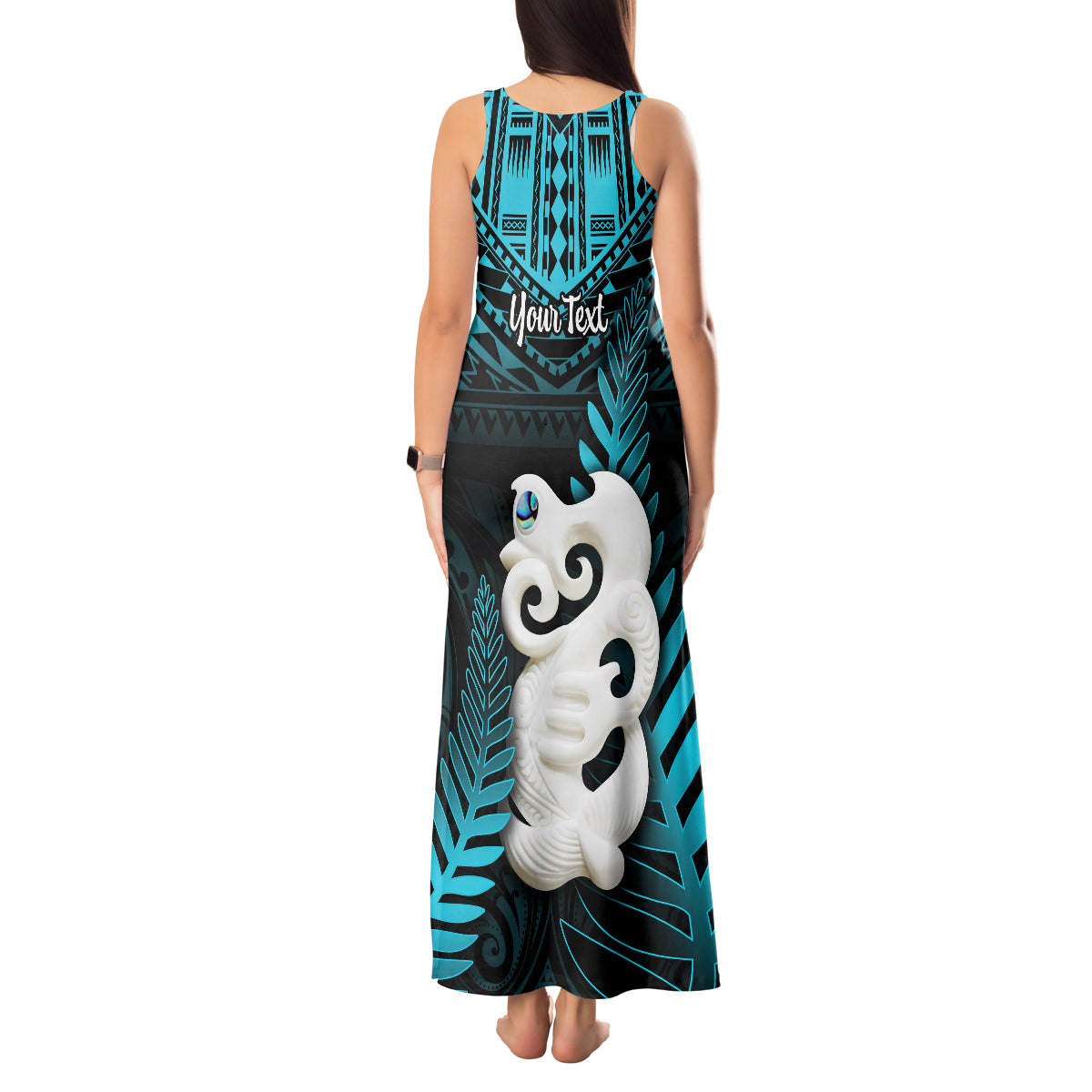Personalized New Zealand Tank Maxi Dress Manaia Maori Pattern With Turquoise Fern LT05 - Polynesian Pride
