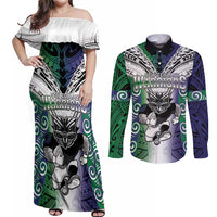 Custom New Zealand Warrior Couples Matching Off Shoulder Maxi Dress and Long Sleeve Button Shirt Maori Tribal Pattern LT05 Green - Polynesian Pride
