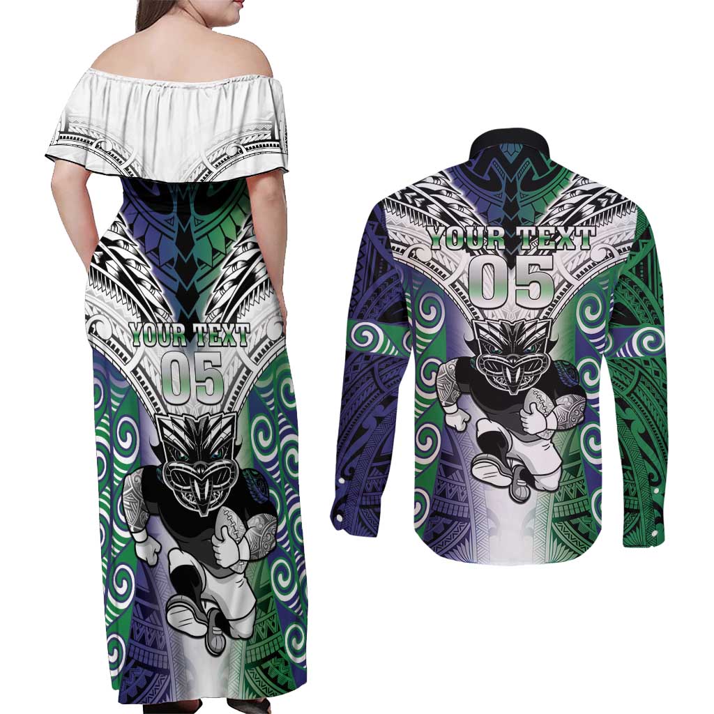 Custom New Zealand Warrior Couples Matching Off Shoulder Maxi Dress and Long Sleeve Button Shirt Maori Tribal Pattern LT05 - Polynesian Pride
