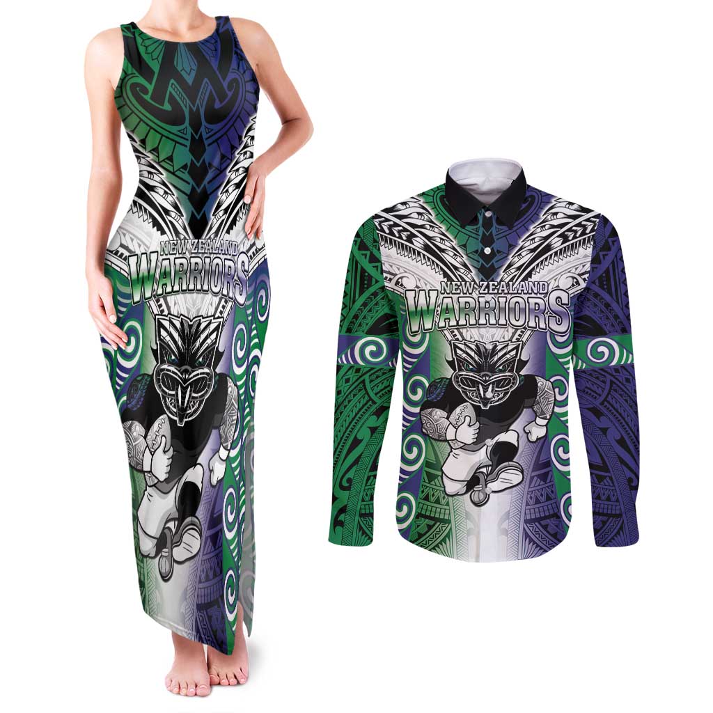 Custom New Zealand Warrior Couples Matching Tank Maxi Dress and Long Sleeve Button Shirt Maori Tribal Pattern LT05 Green - Polynesian Pride