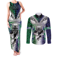 Custom New Zealand Warrior Couples Matching Tank Maxi Dress and Long Sleeve Button Shirt Maori Tribal Pattern LT05 Green - Polynesian Pride
