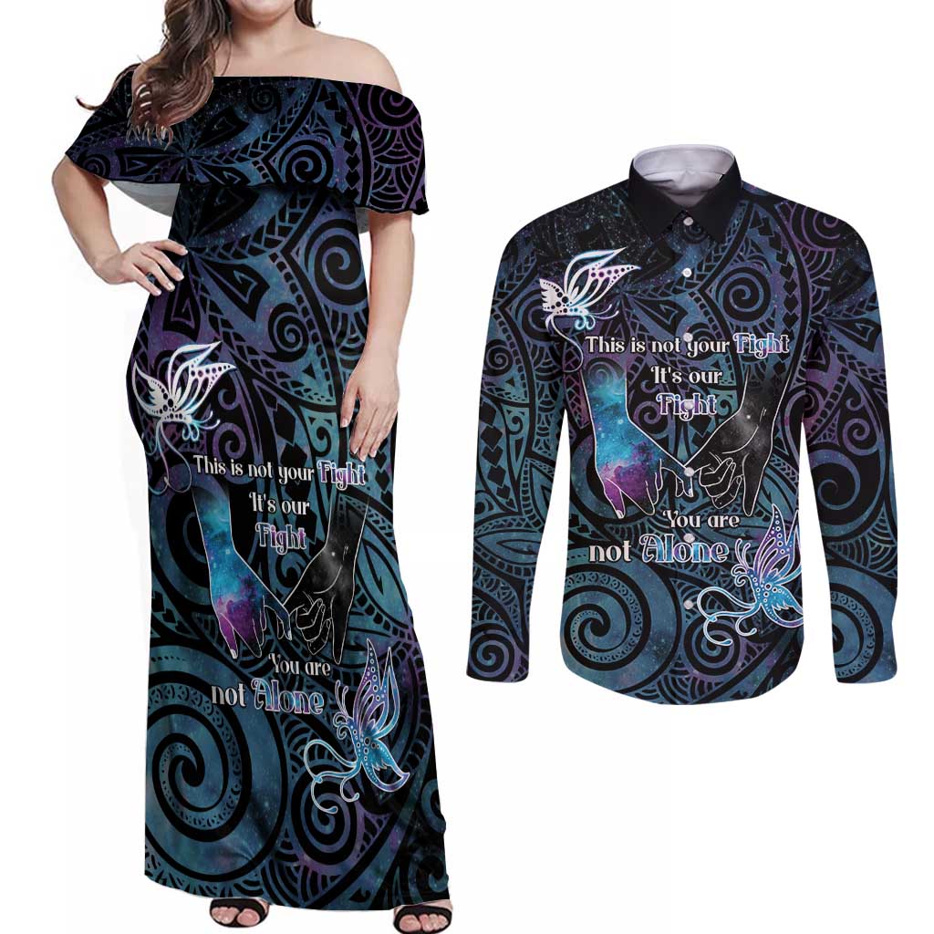 Suicide Awareness Couples Matching Off Shoulder Maxi Dress and Long Sleeve Button Shirt You Are Not Alone - Polynesian Pride