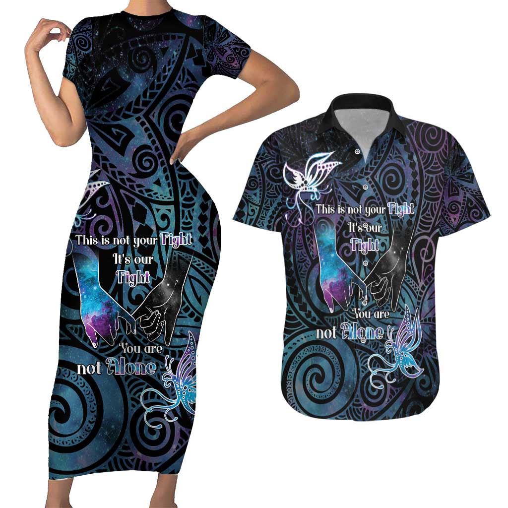 Suicide Awareness Couples Matching Short Sleeve Bodycon Dress and Hawaiian Shirt You Are Not Alone - Polynesian Pride