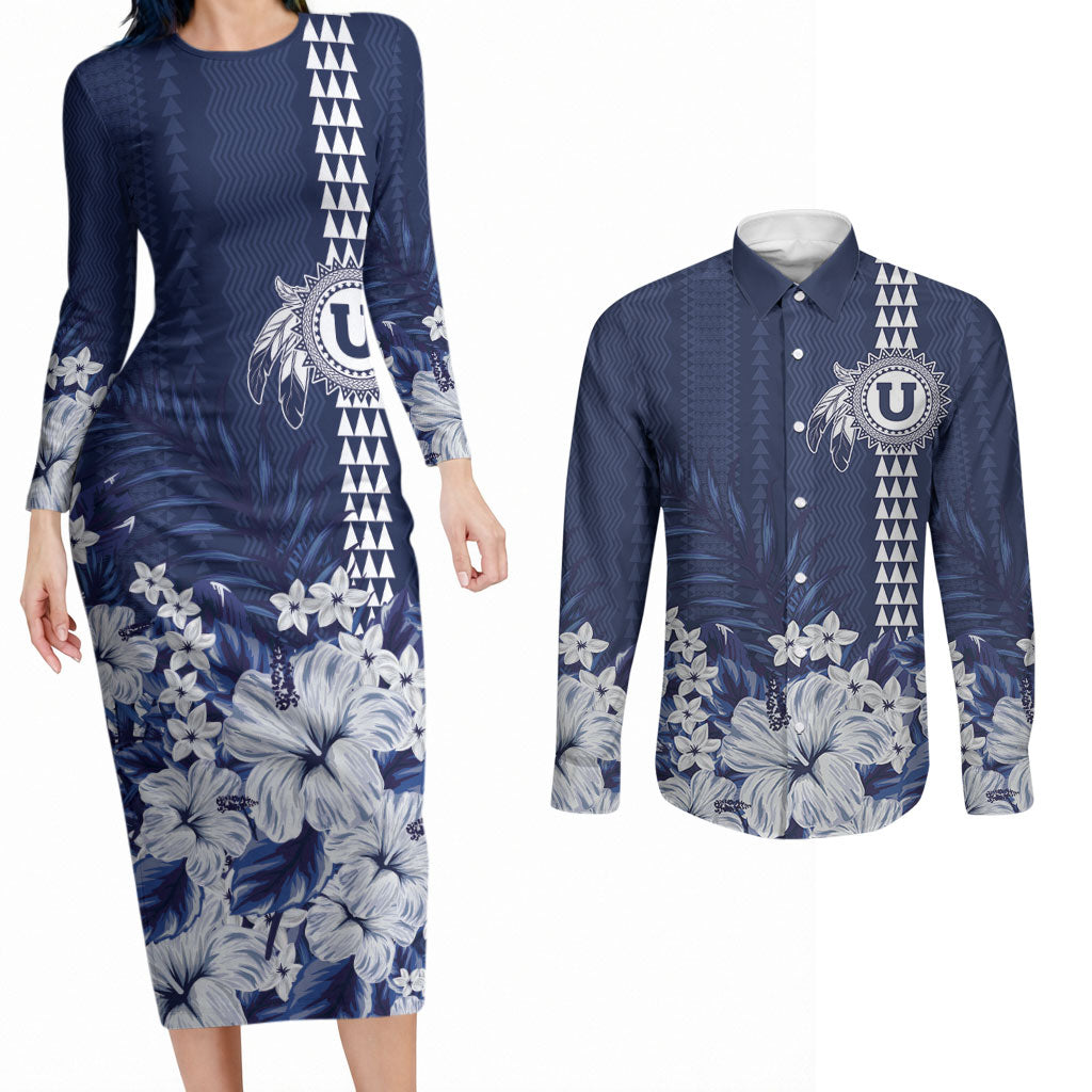 Personalized Utah State Couples Matching Long Sleeve Bodycon Dress and Long Sleeve Button Shirt Polynesian Style LT05 Blue - Polynesian Pride