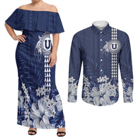 Personalized Utah State Couples Matching Off Shoulder Maxi Dress and Long Sleeve Button Shirt Polynesian Style LT05 Blue - Polynesian Pride