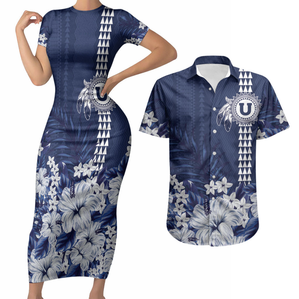 Personalized Utah State Couples Matching Short Sleeve Bodycon Dress and Hawaiian Shirt Polynesian Style LT05 Blue - Polynesian Pride