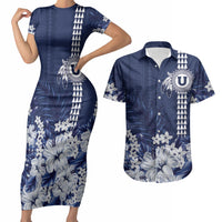 Personalized Utah State Couples Matching Short Sleeve Bodycon Dress and Hawaiian Shirt Polynesian Style LT05 Blue - Polynesian Pride