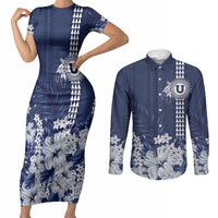 Personalized Utah State Couples Matching Short Sleeve Bodycon Dress and Long Sleeve Button Shirt Polynesian Style LT05 Blue - Polynesian Pride