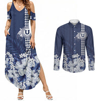 Personalized Utah State Couples Matching Summer Maxi Dress and Long Sleeve Button Shirt Polynesian Style LT05 Blue - Polynesian Pride