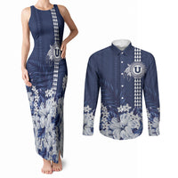 Personalized Utah State Couples Matching Tank Maxi Dress and Long Sleeve Button Shirt Polynesian Style LT05 Blue - Polynesian Pride