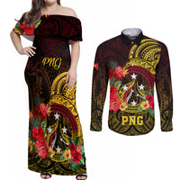 Papua New Guinea Couples Matching Off Shoulder Maxi Dress and Long Sleeve Button Shirts Coat Of Arms Tropical Flowers Polynesian Pattern LT05 Yellow - Polynesian Pride