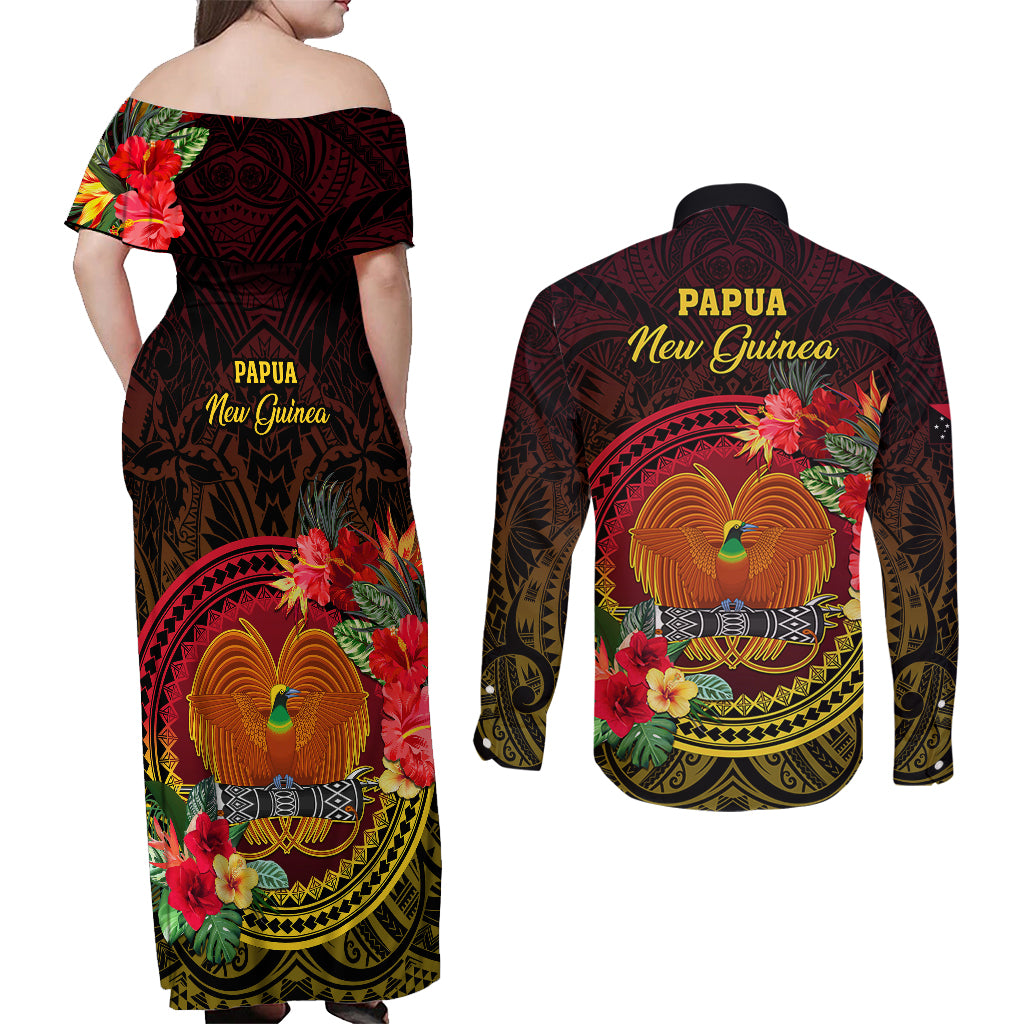 Papua New Guinea Couples Matching Off Shoulder Maxi Dress and Long Sleeve Button Shirts Coat Of Arms Tropical Flowers Polynesian Pattern LT05 - Polynesian Pride