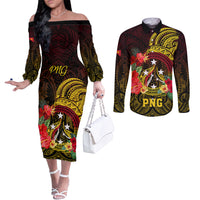 Papua New Guinea Couples Matching Off The Shoulder Long Sleeve Dress and Long Sleeve Button Shirts Coat Of Arms Tropical Flowers Polynesian Pattern LT05 Yellow - Polynesian Pride