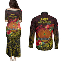Papua New Guinea Couples Matching Puletasi Dress and Long Sleeve Button Shirts Coat Of Arms Tropical Flowers Polynesian Pattern LT05 - Polynesian Pride