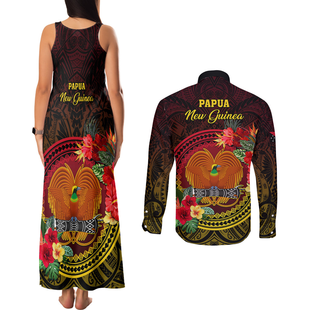 Papua New Guinea Couples Matching Tank Maxi Dress and Long Sleeve Button Shirts Coat Of Arms Tropical Flowers Polynesian Pattern LT05 - Polynesian Pride