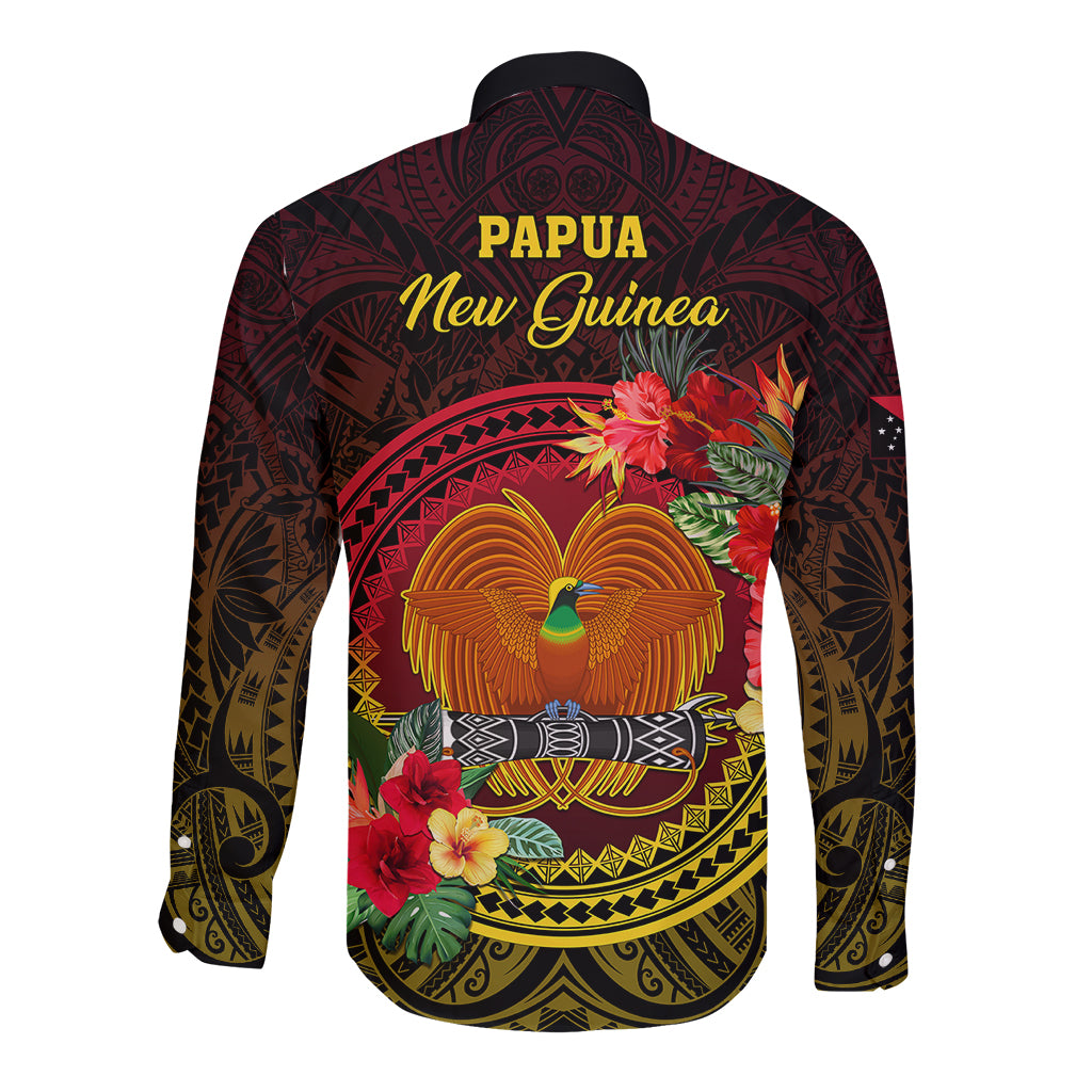 Papua New Guinea Long Sleeve Button Shirt Coat Of Arms Tropical Flowers Polynesian Pattern LT05 - Polynesian Pride