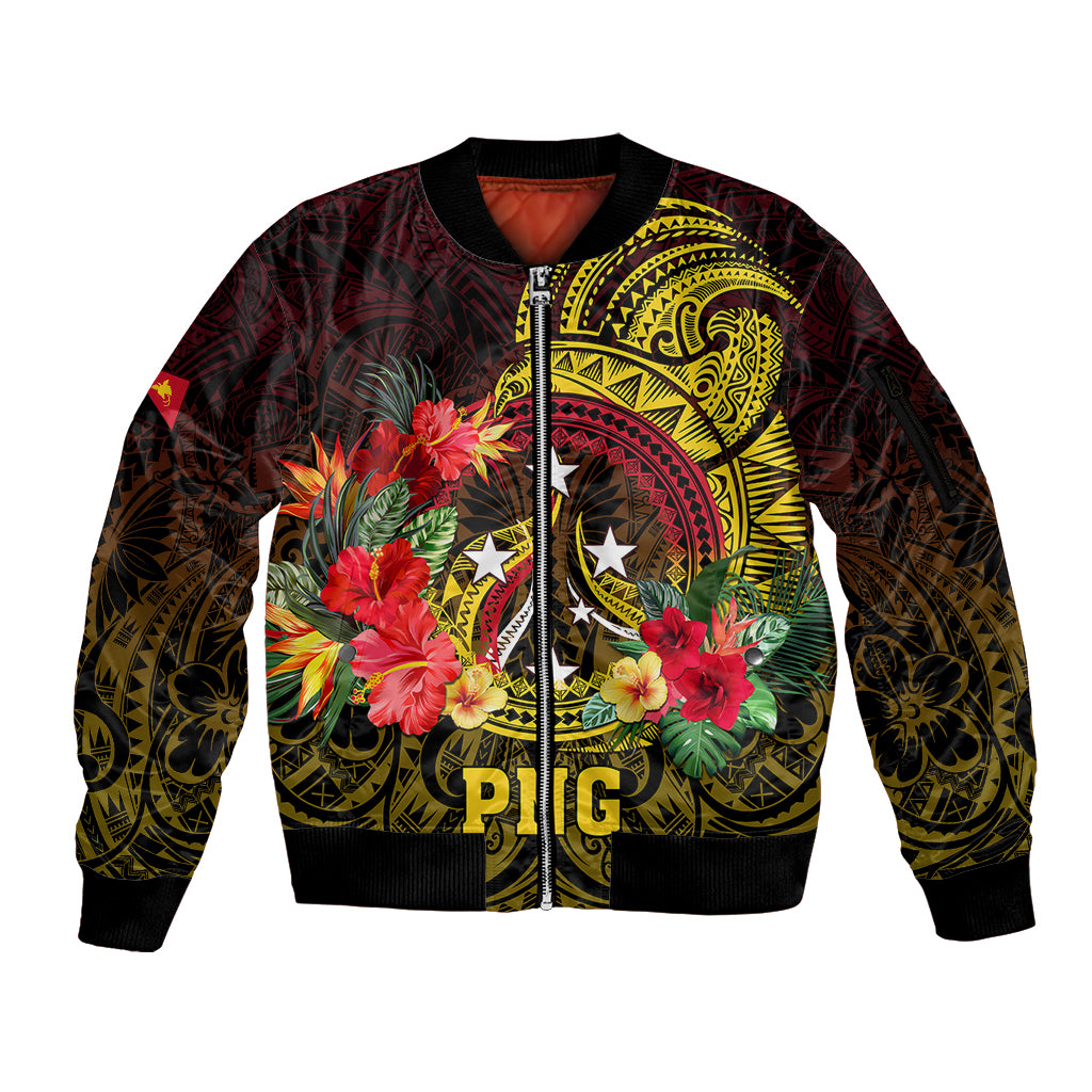 Papua New Guinea Sleeve Zip Bomber Jacket Coat Of Arms Tropical Flowers Polynesian Pattern LT05 Unisex Yellow - Polynesian Pride