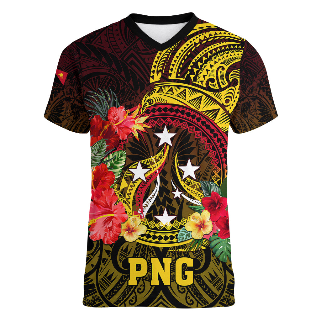Papua New Guinea Women V Neck T Shirt Coat Of Arms Tropical Flowers Polynesian Pattern LT05 Female Yellow - Polynesian Pride